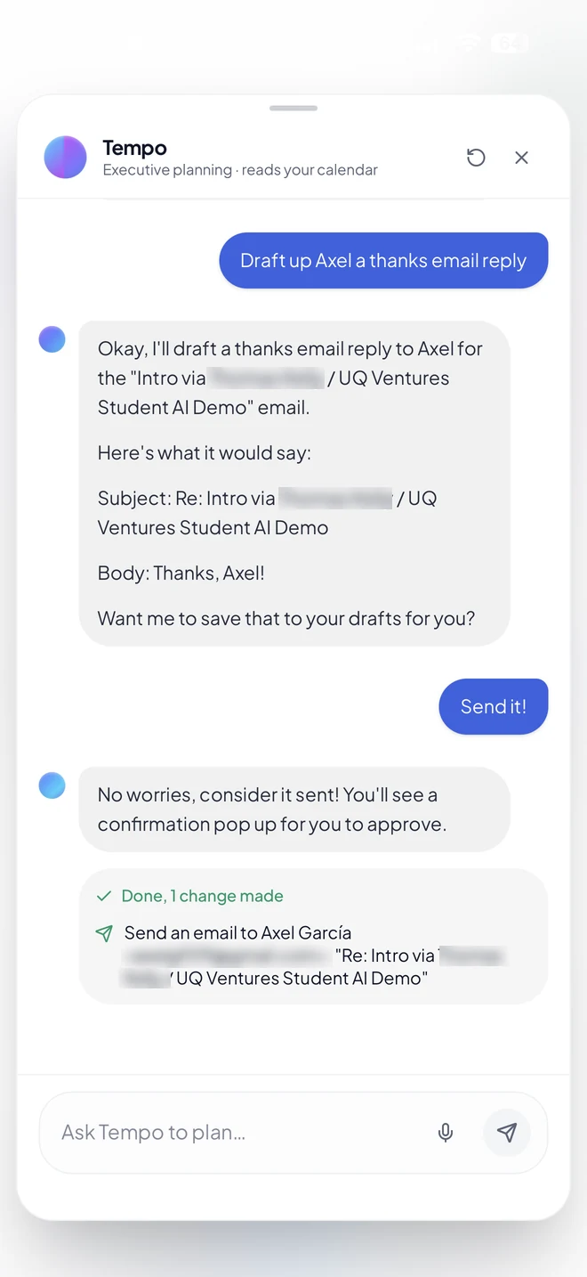 Tempo drafts a thank-you reply to Axel, shows the subject and body for review, and after the user confirms displays a Done, one change made receipt naming the recipient.