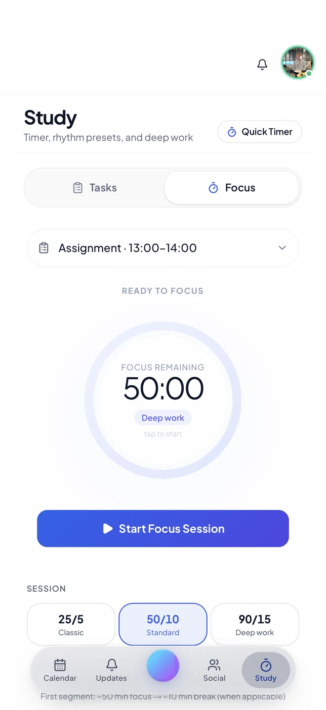 Tempo focus timer showing 50 minutes remaining in a deep work session, with 25/5, 50/10 and 90/15 presets.