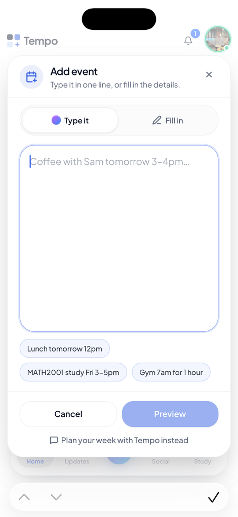 Tempo quick add — type several events in one line, like Coffee with Sam tomorrow 3-4pm