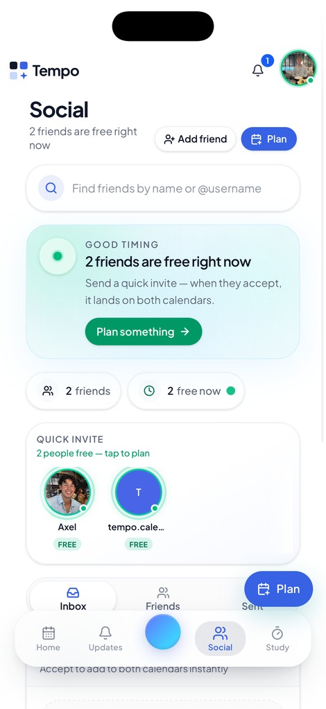 Tempo Social tab showing friends and quick invite to plan together