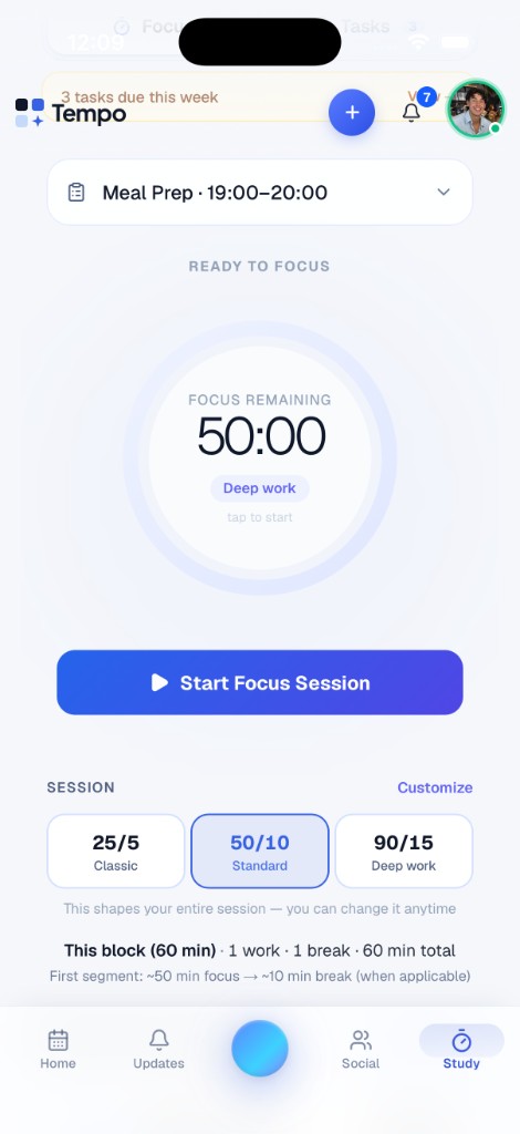 Tempo focus timer with 25/5, 50/10, and 90/15 session presets