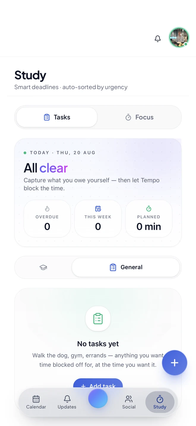 Tempo tasks view with smart deadlines auto-sorted by urgency, showing counts for overdue, this week, and minutes planned.