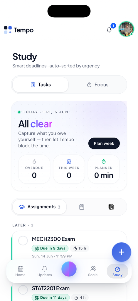 Tempo Study tab with tasks and deadlines auto-sorted by urgency