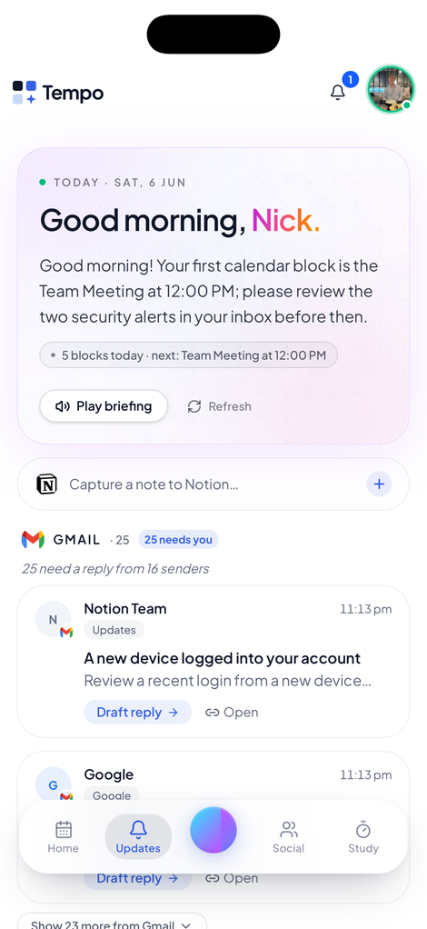 Tempo updates with an afternoon briefing and inbox items ready for draft replies