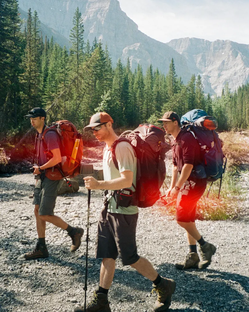 Three friends hiking with packs in the mountains