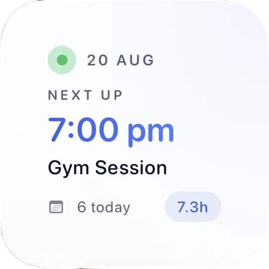 Tempo home screen widget showing the next event at 7:00pm, six events today and 7.3 hours booked.